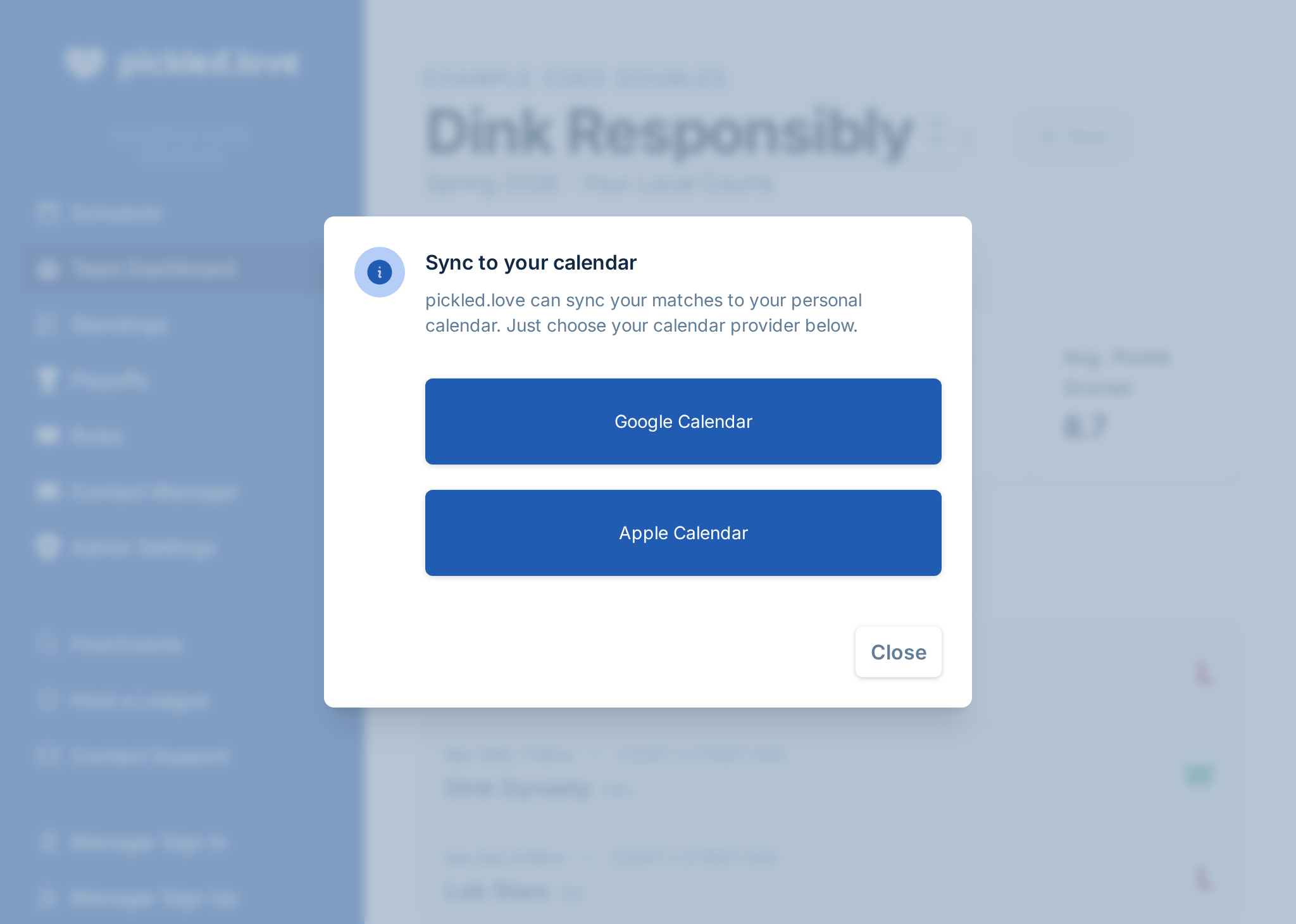 A screenshot showing the options of subscribing to a team calendar, which allows syncing to Google Calendar and Apple Calendar