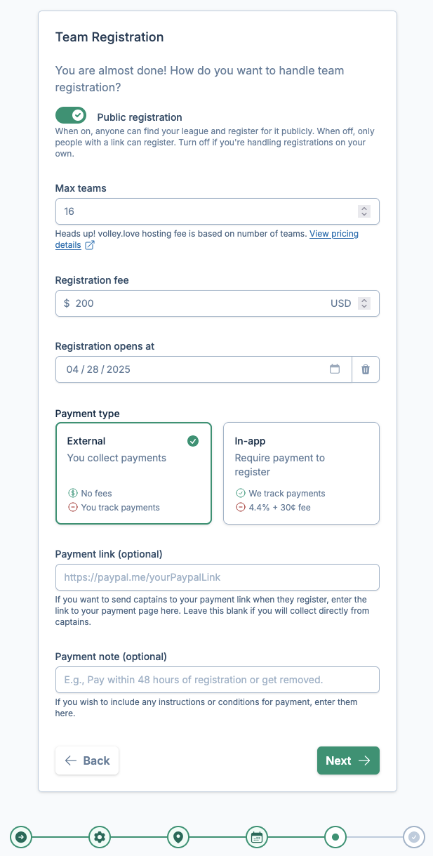 Create league wizard registration page screenshot