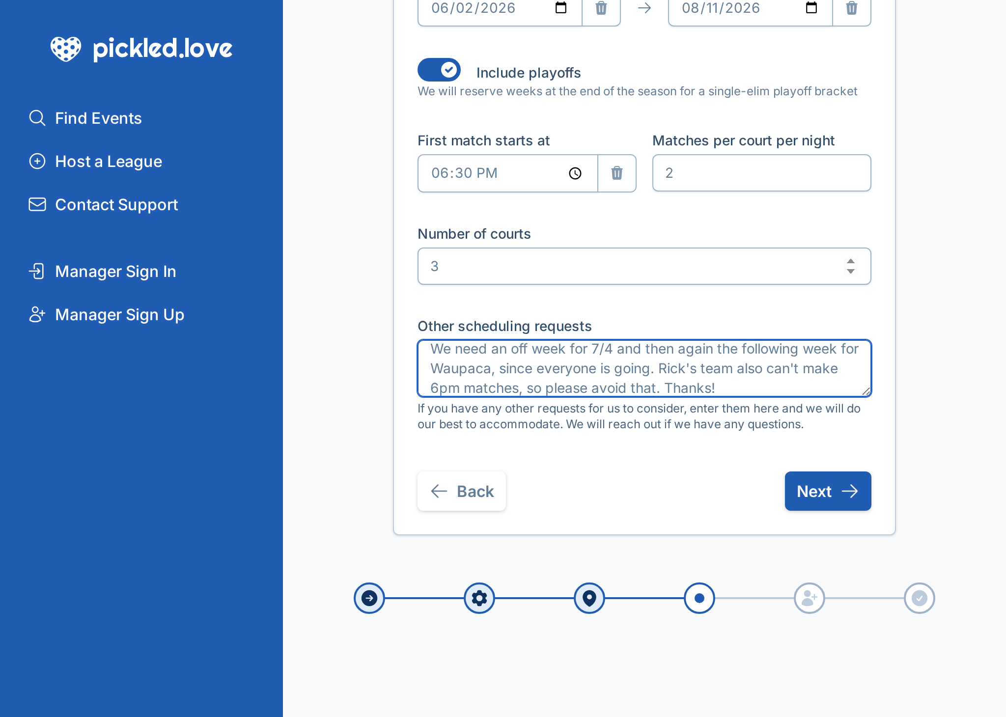 A screenshot of the league creation wizard where a league manager can enter scheduling constraints and preferences