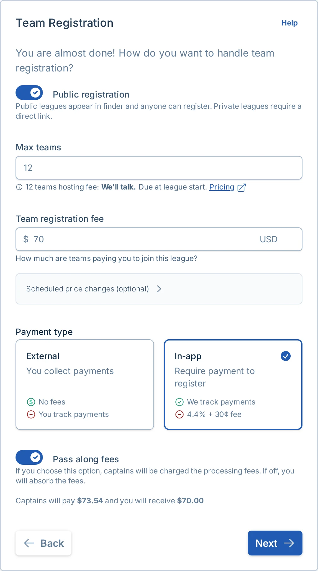 Create league team registration step in pickled.love, a pickleball signup and payments platform