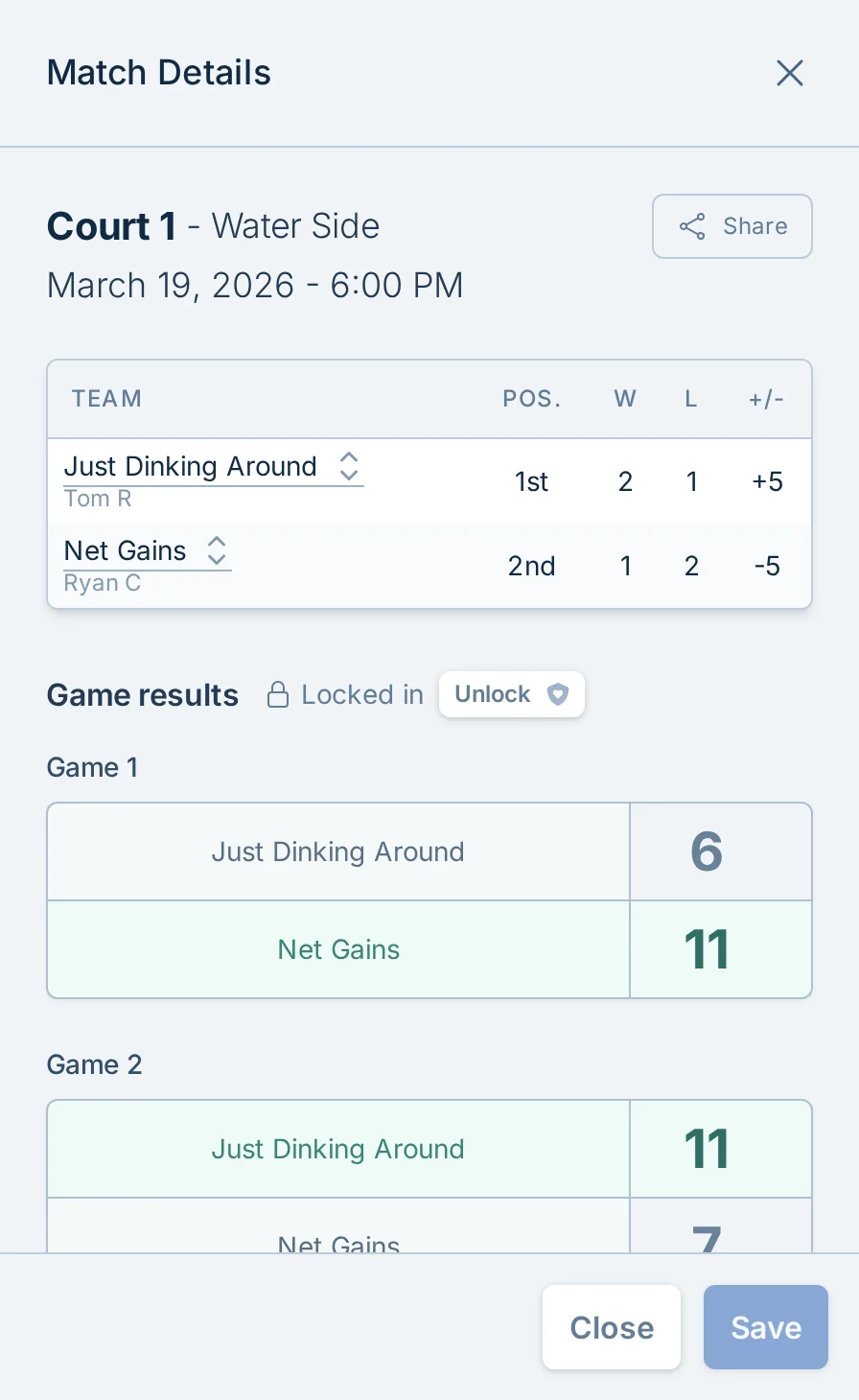 Report match scores form in pickled.love, a pickleball score reporting tool