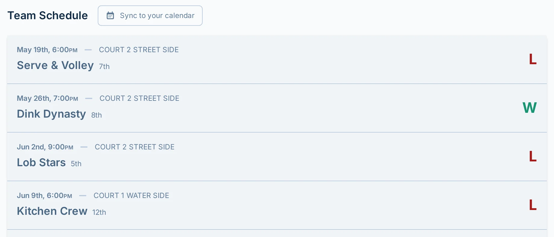 Team schedule section on the pickled.love team dashboard for a pickleball league