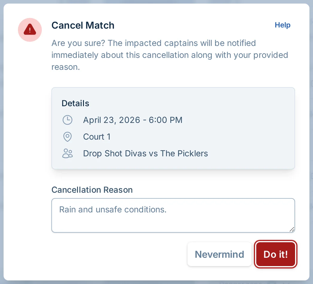 Cancel match dialog in pickled.love, a pickleball league operations platform