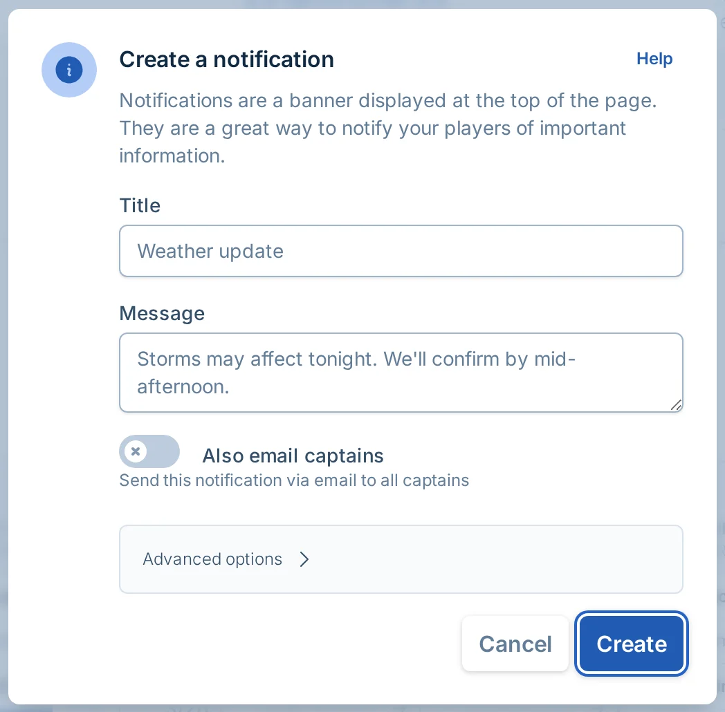 Create notification dialog in pickled.love, a pickleball management platform