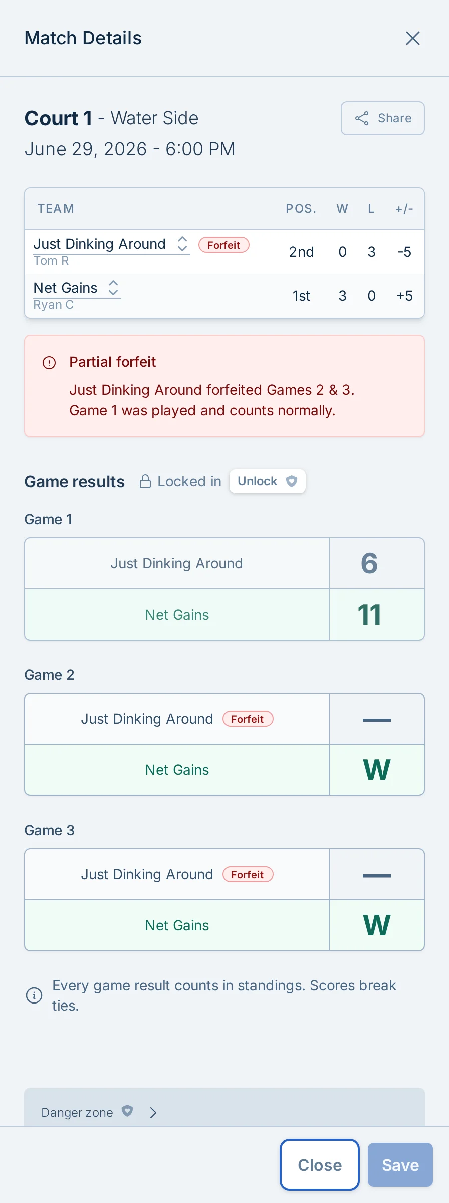 Forfeit results in pickled.love match details, including the standings and each game