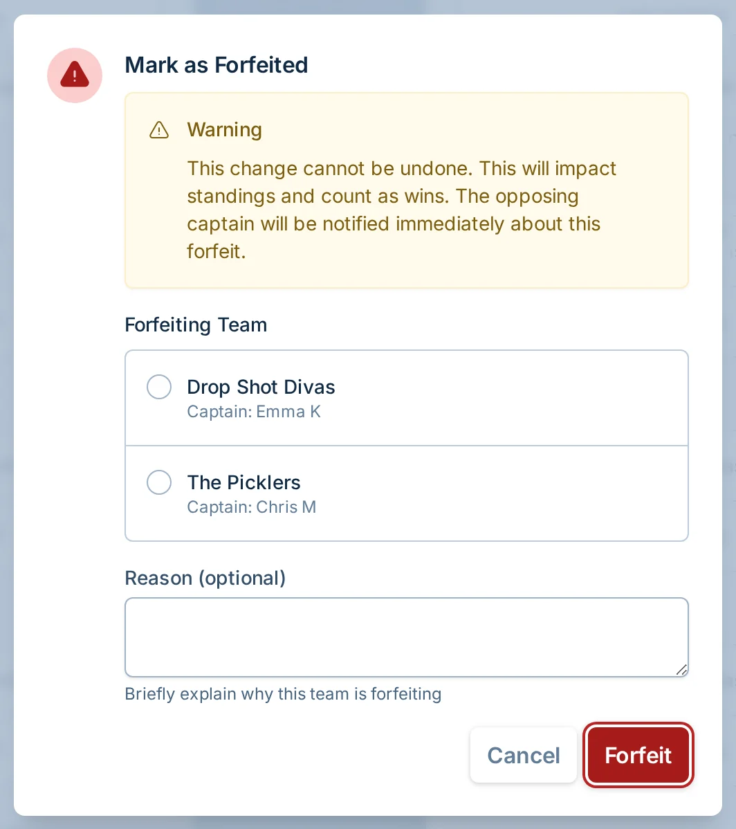 Forfeit or no-show dialog in pickled.love, a pickleball league score reporting app