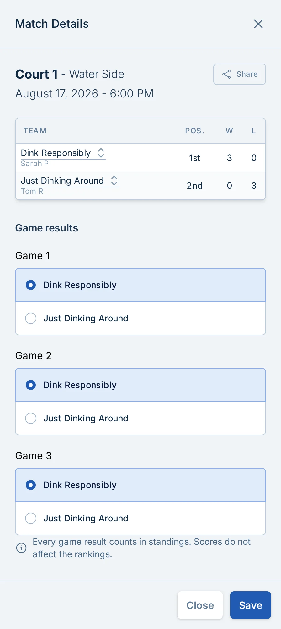 Result entry without numeric scores