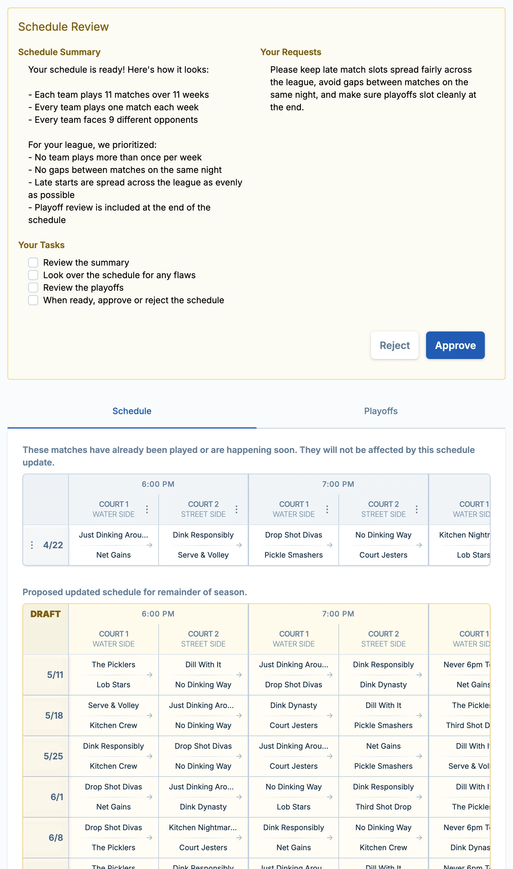 Late registration schedule review in pickled.love, a pickleball scheduling platform for late entries
