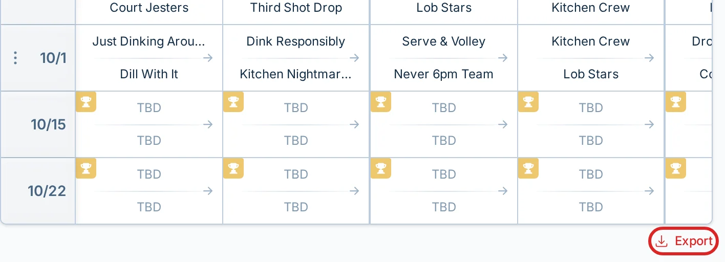 The Export control below a league schedule in pickled.love